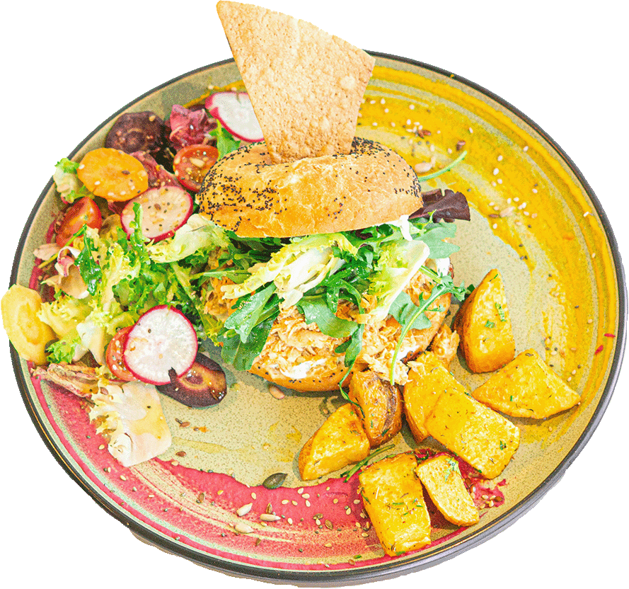 Chicken Hood Bagel - Bagel con pollo, aguacate y huevo revuelto