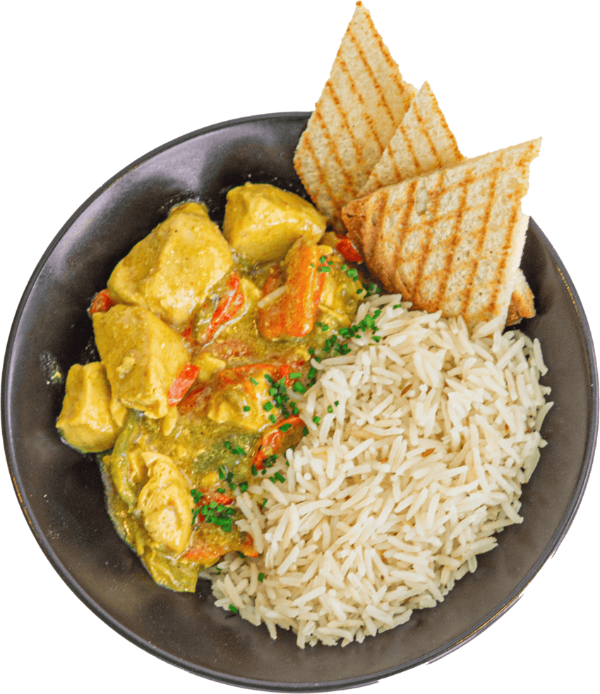 Curry Sunny Chicken - Dados de pollo con salsa de curry y arroz basmati