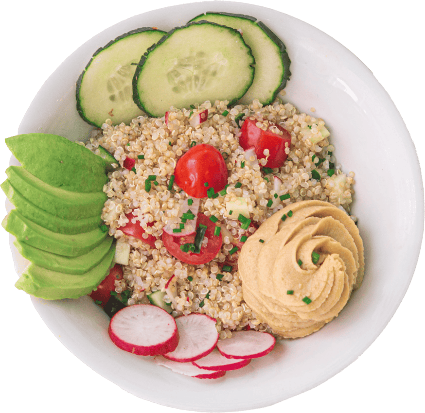 Quinoa Bowl - Ensalada de quinoa con hummus y vegetales frescos